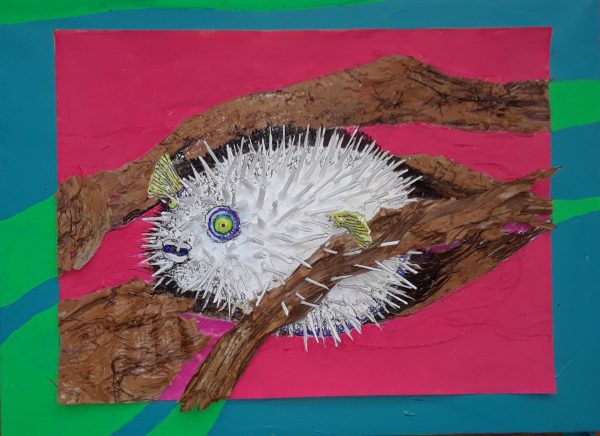 PORCUPINE FISH WITH MALALUCA BARK.