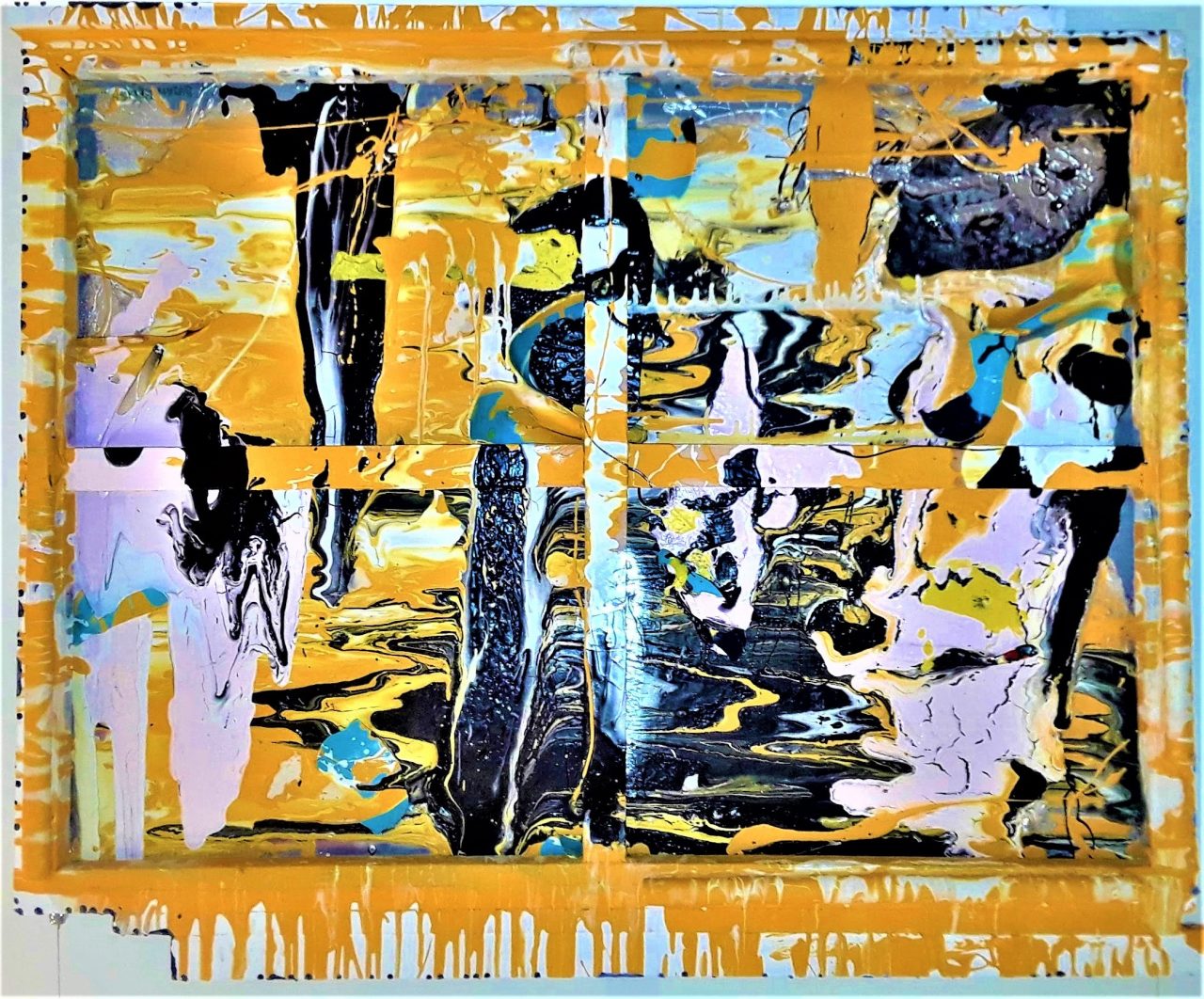 WISECRACKS. The brightest painting ever created. It's liquid shiny colors rival molten glass for excitement and drama. This multi surface canvas is the perfect size, color, and originality to become a focal point in any maxi mansion or tiny home. Paint on canvas . Framed and signed. 42 x inches. For sale $200.00